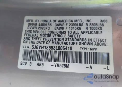 2003 Honda Element Ex from USA, damaged, VIN 5J6YH18553L006410